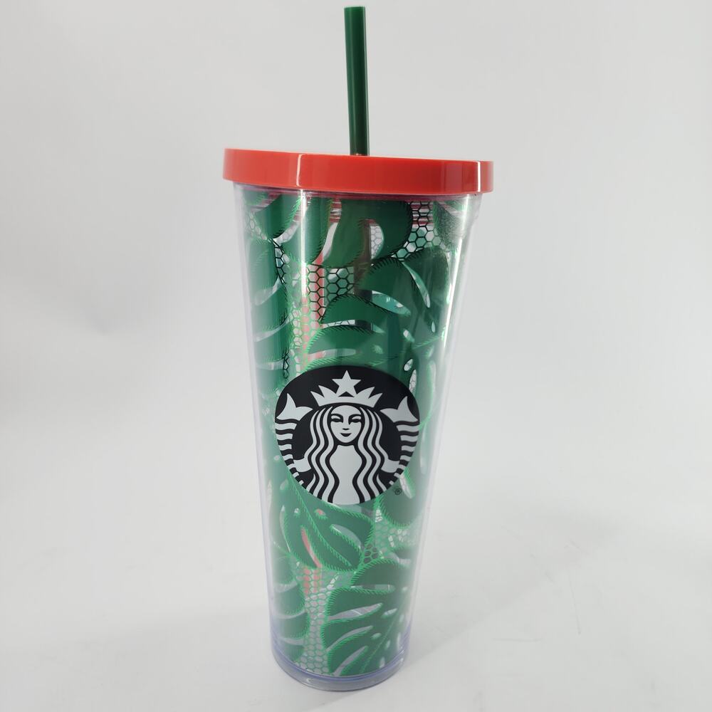 Starbucks Tropical Green Leaf Holographic Cold Cup 24oz Venti Red Lid